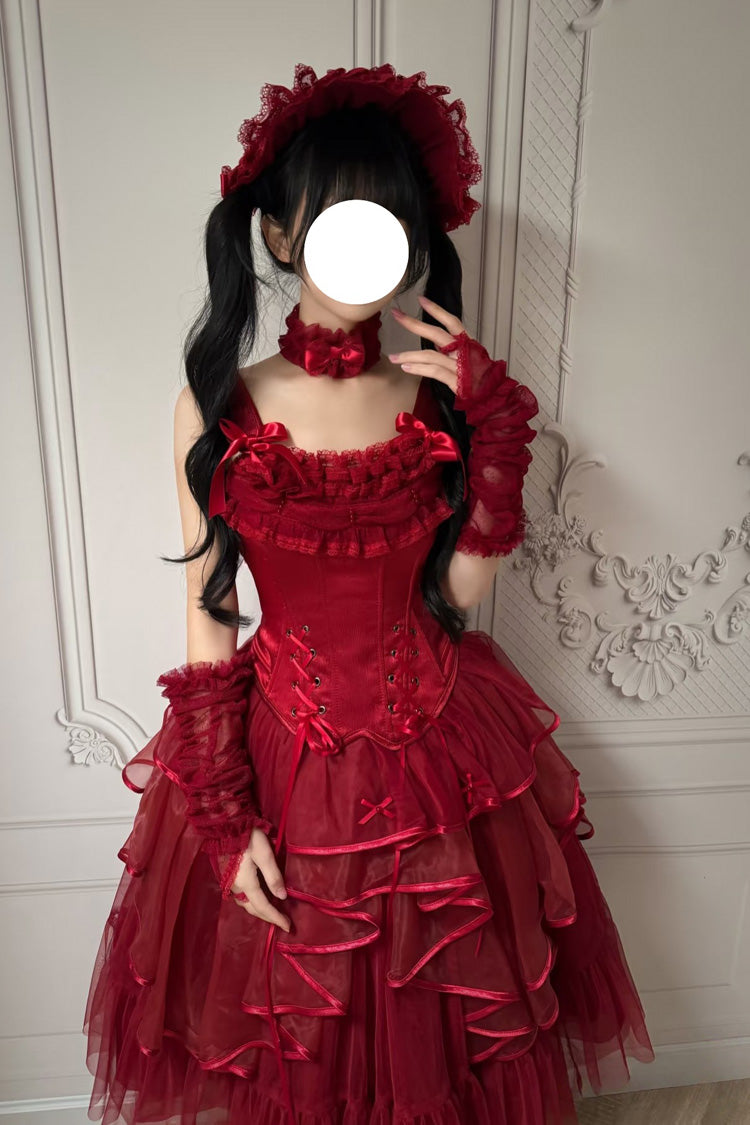 Gothic Lolita Skirt - The Summer Waves Sparkle, Red, Square Collar, Bow Detail, Lace Trim - additional product view 8