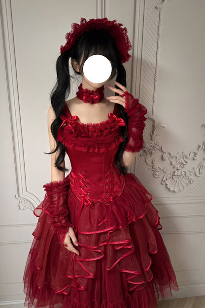 Gothic Lolita Skirt - The Summer Waves Sparkle, Red, Square Collar, Bow Detail, Lace Trim - additional product view 8