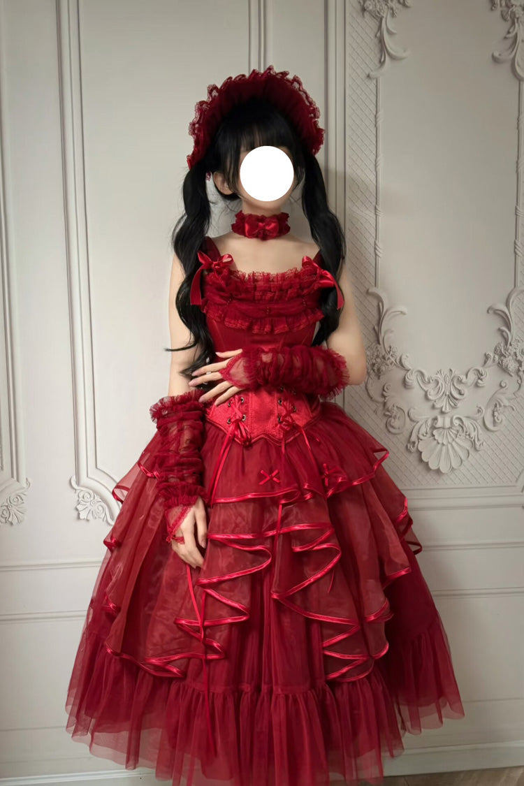Gothic Lolita Skirt - The Summer Waves Sparkle, Red, Square Collar, Bow Detail, Lace Trim - additional product view 9