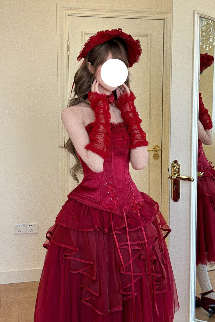 Gothic Lolita Skirt - The Summer Waves Sparkle, Red, Square Collar, Bow Detail, Lace Trim - additional product view 10