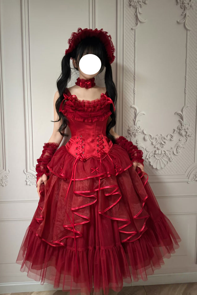 Gothic Lolita Skirt - The Summer Waves Sparkle, Red, Square Collar, Bow Detail, Lace Trim - additional product view 11