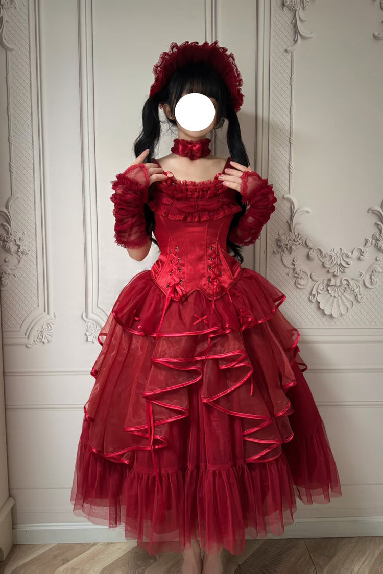 Gothic Lolita Skirt - The Summer Waves Sparkle, Red, Square Collar, Bow Detail, Lace Trim - additional product view 12