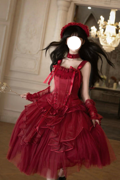 Gothic Lolita Skirt - The Summer Waves Sparkle, Red, Square Collar, Bow Detail, Lace Trim - additional product view 13