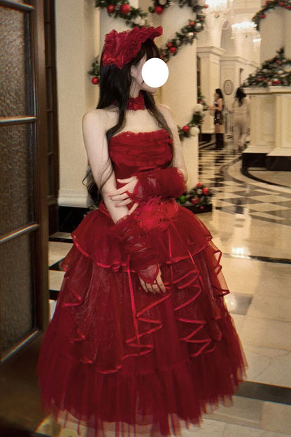 Gothic Lolita Skirt - The Summer Waves Sparkle, Red, Square Collar, Bow Detail, Lace Trim - additional product view 14
