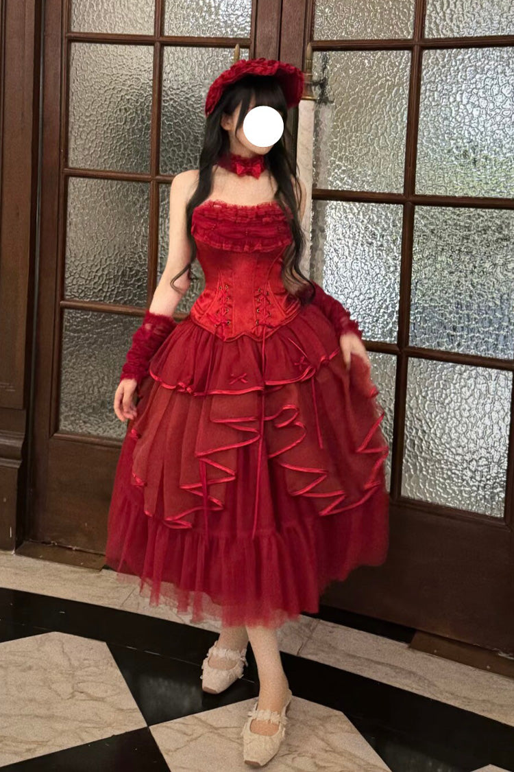Gothic Lolita Skirt - The Summer Waves Sparkle, Red, Square Collar, Bow Detail, Lace Trim - additional product view 15