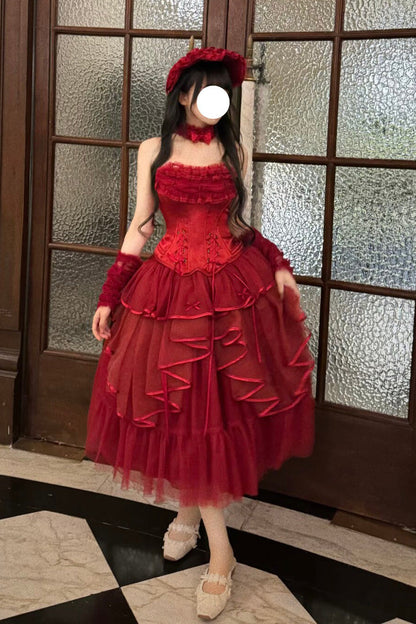 Gothic Lolita Skirt - The Summer Waves Sparkle, Red, Square Collar, Bow Detail, Lace Trim - additional product view 15