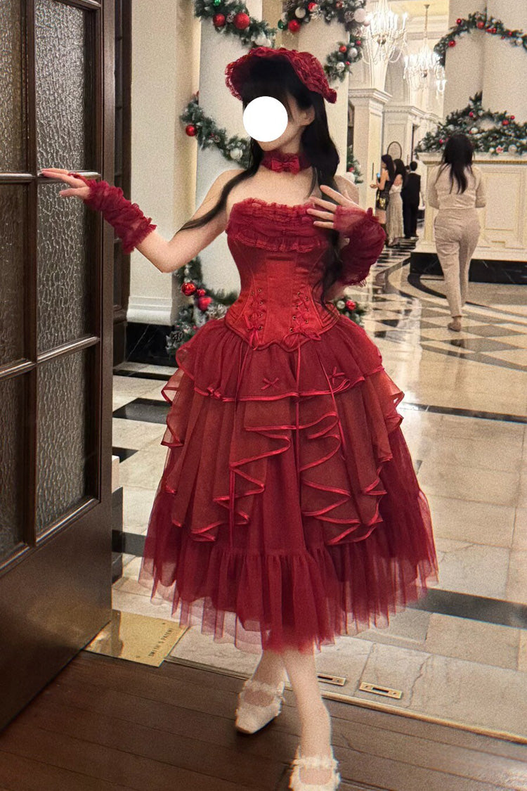 Gothic Lolita Skirt - The Summer Waves Sparkle, Red, Square Collar, Bow Detail, Lace Trim - additional product view 16