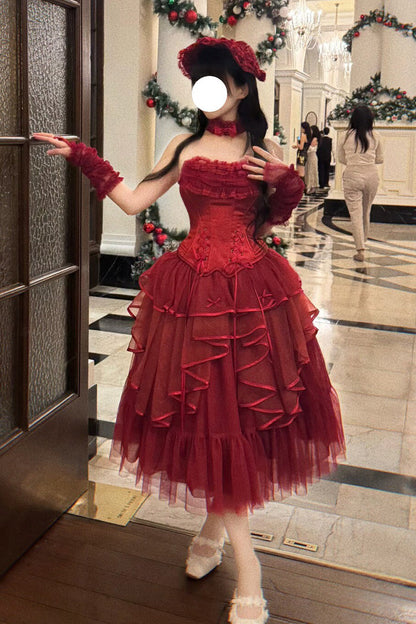 Gothic Lolita Skirt - The Summer Waves Sparkle, Red, Square Collar, Bow Detail, Lace Trim - additional product view 16