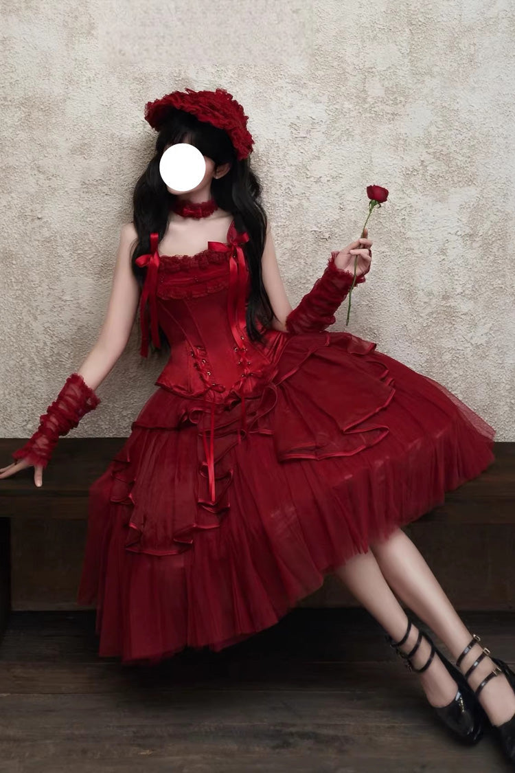 Gothic Lolita Skirt - The Summer Waves Sparkle, Red, Square Collar, Bow Detail, Lace Trim - additional product view 17