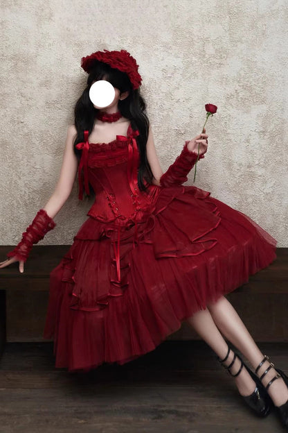 Gothic Lolita Skirt - The Summer Waves Sparkle, Red, Square Collar, Bow Detail, Lace Trim - additional product view 17