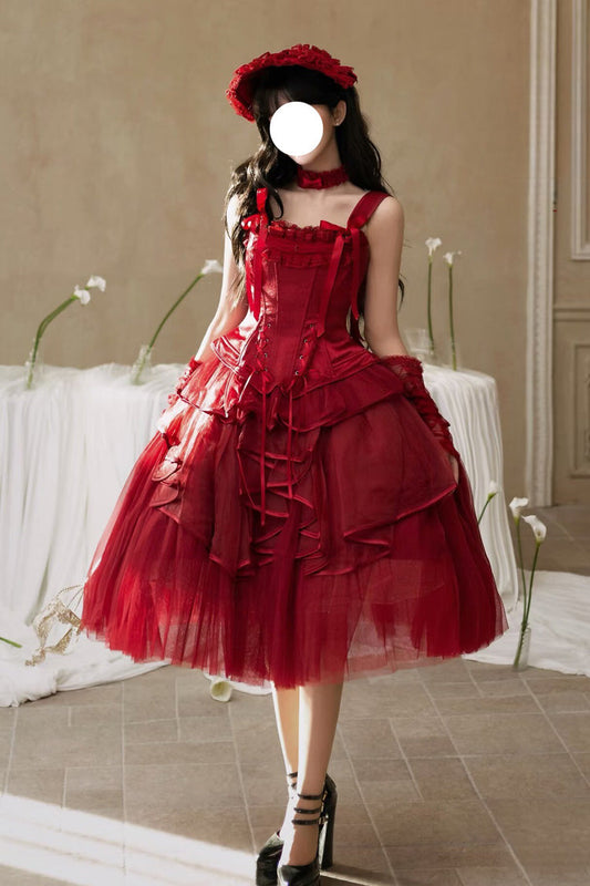 Gothic Lolita Skirt - The Summer Waves Sparkle, Red, Square Collar, Bow Detail, Lace Trim - main product image
