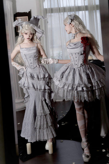 Gothic Lolita Skirt - Twilight, 2 Colors, Fishtail Silhouette, Ruffled, Lace Trim - additional product view 9