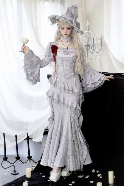 Gothic Lolita Skirt - Twilight, 2 Colors, Fishtail Silhouette, Ruffled, Lace Trim - main product image