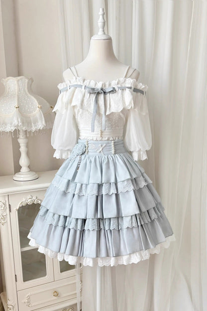 Gothic Lolita Skirt - White/blue Flower Language, 2 Colors, Sweet Style, Ruffled - additional product view 3