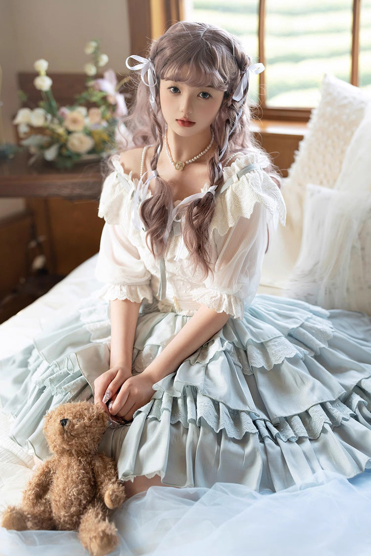 Gothic Lolita Skirt - White/blue Flower Language, 2 Colors, Sweet Style, Ruffled - additional product view 4