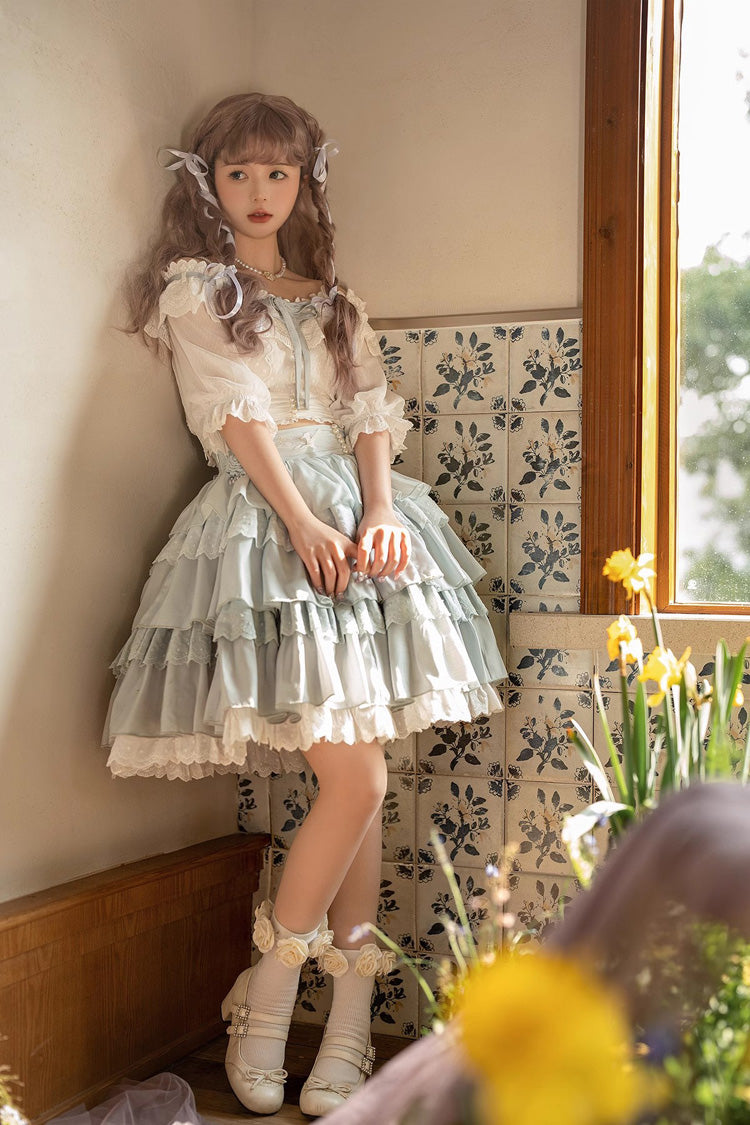 Gothic Lolita Skirt - White/blue Flower Language, 2 Colors, Sweet Style, Ruffled - additional product view 7