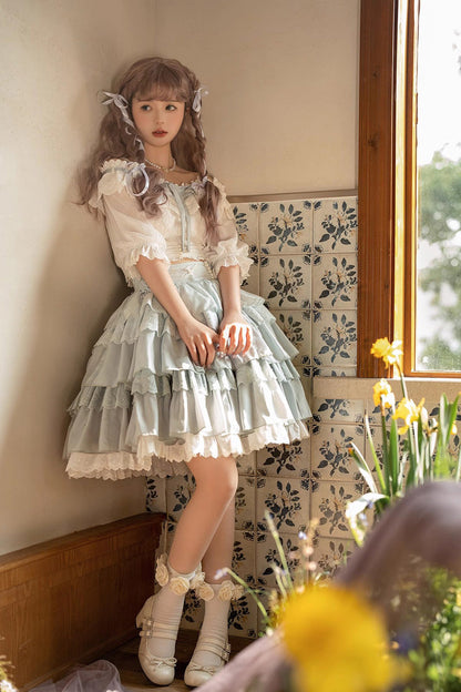 Gothic Lolita Skirt - White/blue Flower Language, 2 Colors, Sweet Style, Ruffled - additional product view 7