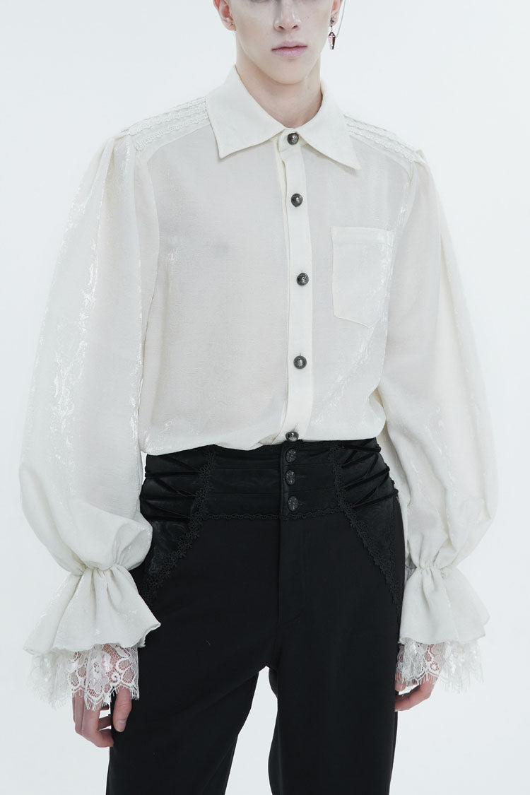Gothic Men's Shirt - Lapel Collar Puff Sleeve, White, Puff Sleeves, Men's Style, Lace Trim - main product image