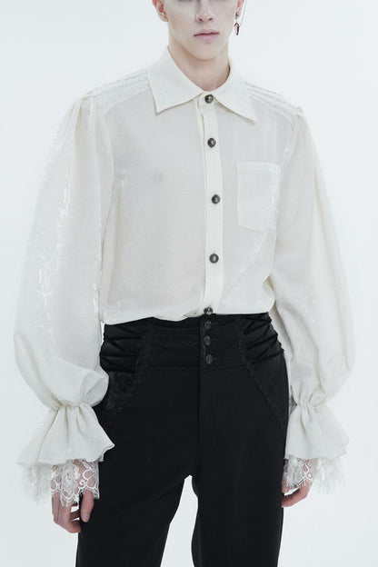 Gothic Men's Shirt - Lapel Collar Puff Sleeve, White, Puff Sleeves, Men's Style, Lace Trim - main product image
