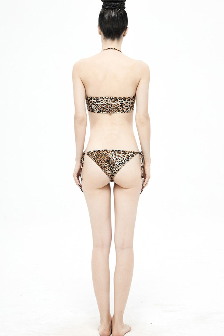 Gothic One-Piece Swimsuit - Lace-up Leopard Print Sides, Brown, Women's Style, Lace Trim - additional product view 6