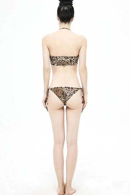 Gothic One-Piece Swimsuit - Lace-up Leopard Print Sides, Brown, Women's Style, Lace Trim - additional product view 6