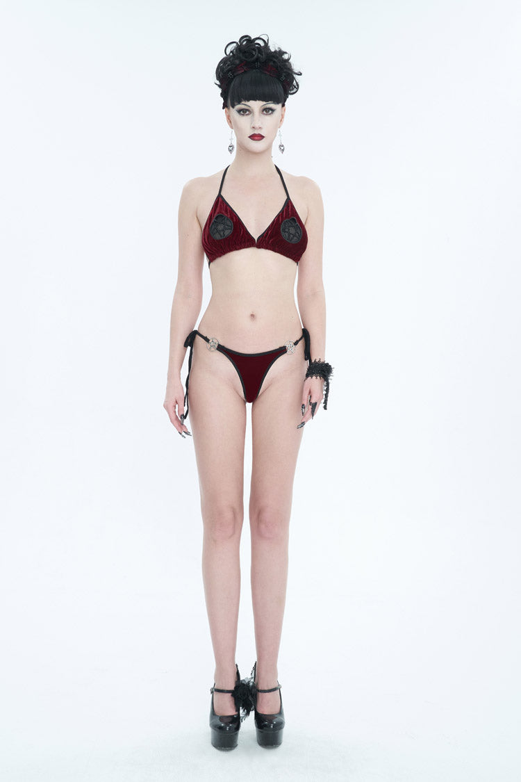 Gothic One-Piece Swimsuit - Velvet Stretch Sexy Cutout, Red, Women's Style, Embroidered - additional product view 2