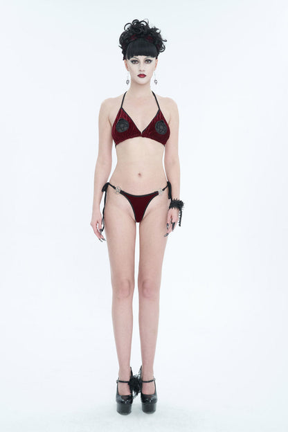 Gothic One-Piece Swimsuit - Velvet Stretch Sexy Cutout, Red, Women's Style, Embroidered - additional product view 2