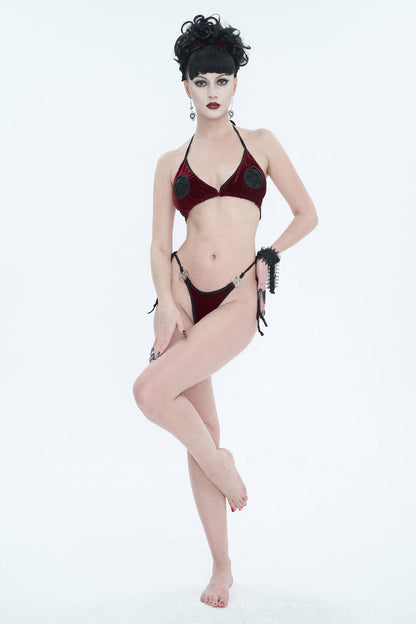 Gothic One-Piece Swimsuit - Velvet Stretch Sexy Cutout, Red, Women's Style, Embroidered - additional product view 3