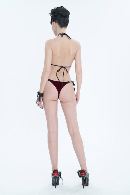 Gothic One-Piece Swimsuit - Velvet Stretch Sexy Cutout, Red, Women's Style, Embroidered - additional product view 6