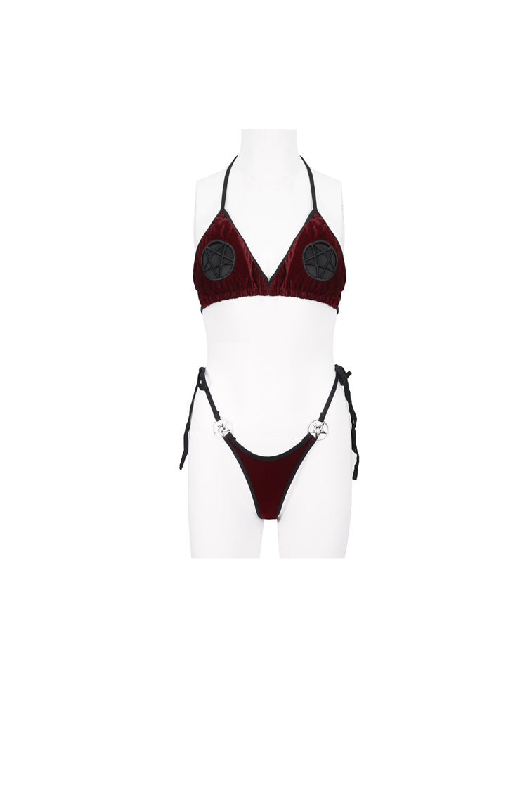 Gothic One-Piece Swimsuit - Velvet Stretch Sexy Cutout, Red, Women's Style, Embroidered - additional product view 7
