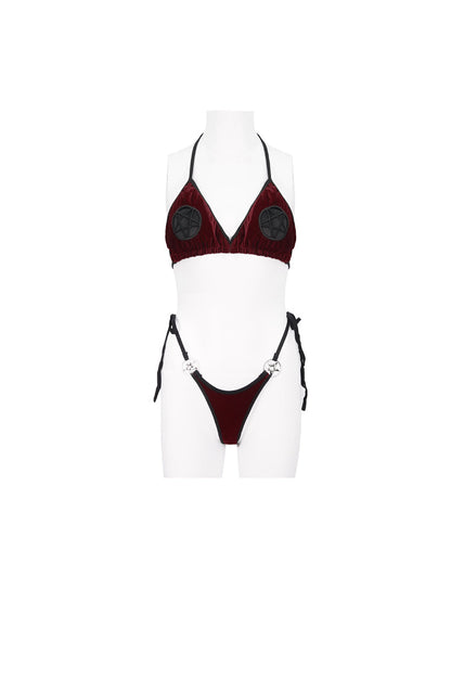 Gothic One-Piece Swimsuit - Velvet Stretch Sexy Cutout, Red, Women's Style, Embroidered - additional product view 7