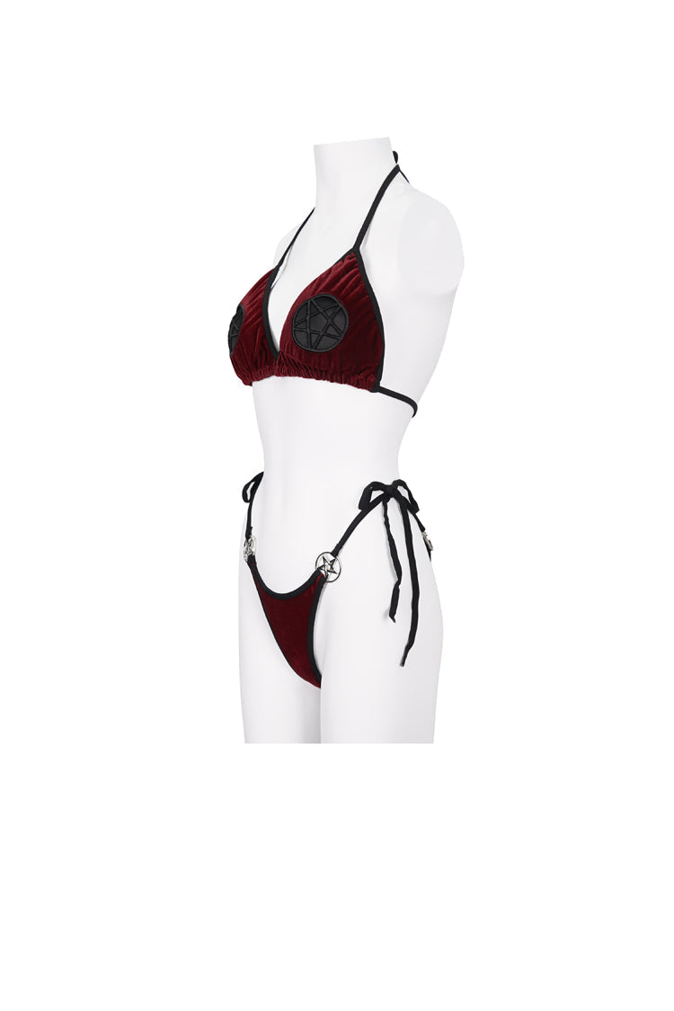 Gothic One-Piece Swimsuit - Velvet Stretch Sexy Cutout, Red, Women's Style, Embroidered - additional product view 8