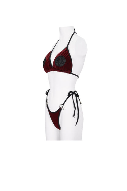 Gothic One-Piece Swimsuit - Velvet Stretch Sexy Cutout, Red, Women's Style, Embroidered - additional product view 8