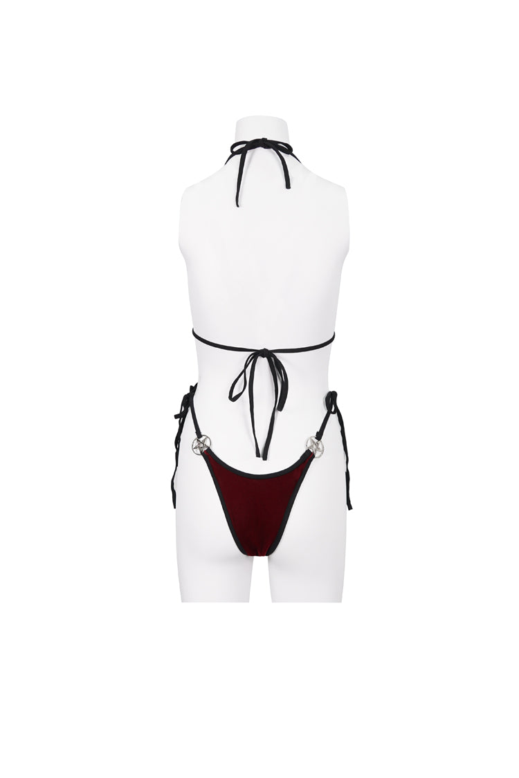 Gothic One-Piece Swimsuit - Velvet Stretch Sexy Cutout, Red, Women's Style, Embroidered - additional product view 9