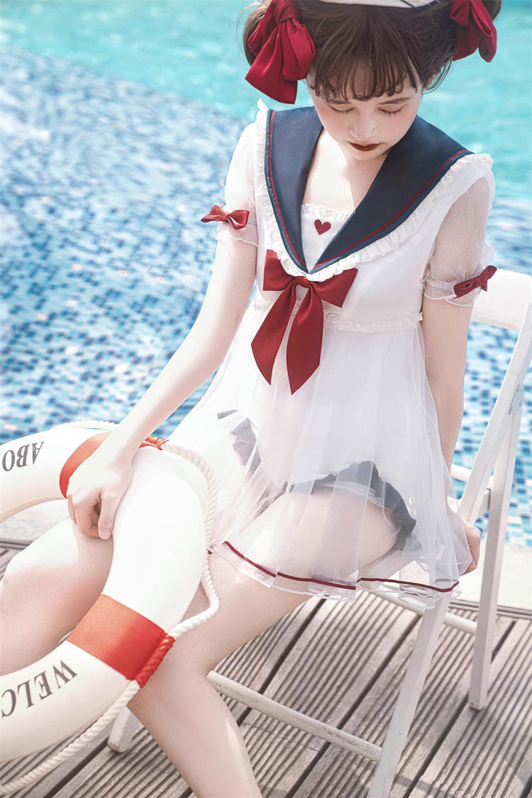 Gothic One-Piece Swimsuit - White/blue/red, 3 Colors, Sweet Style, Bow Detail - additional product view 2