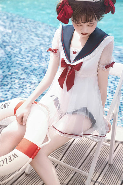 Gothic One-Piece Swimsuit - White/blue/red, 3 Colors, Sweet Style, Bow Detail - additional product view 2