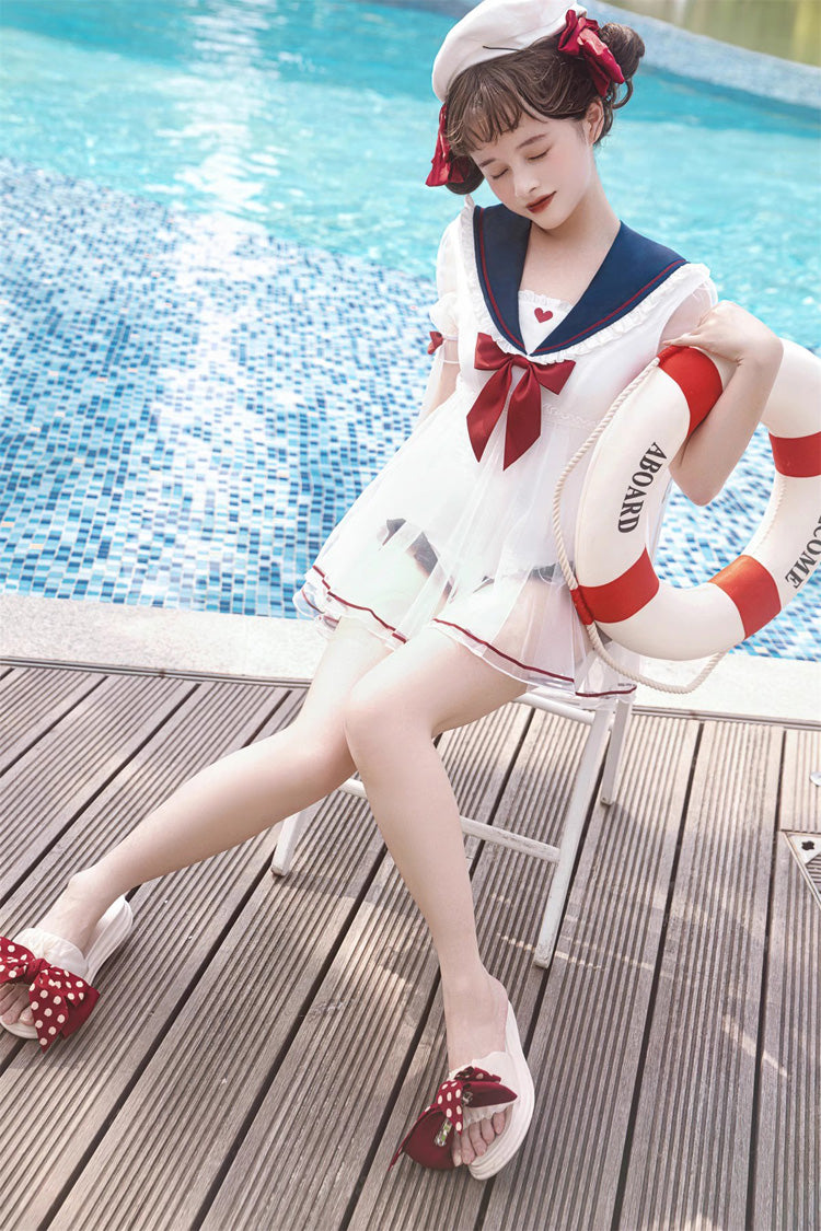 Gothic One-Piece Swimsuit - White/blue/red, 3 Colors, Sweet Style, Bow Detail - additional product view 3