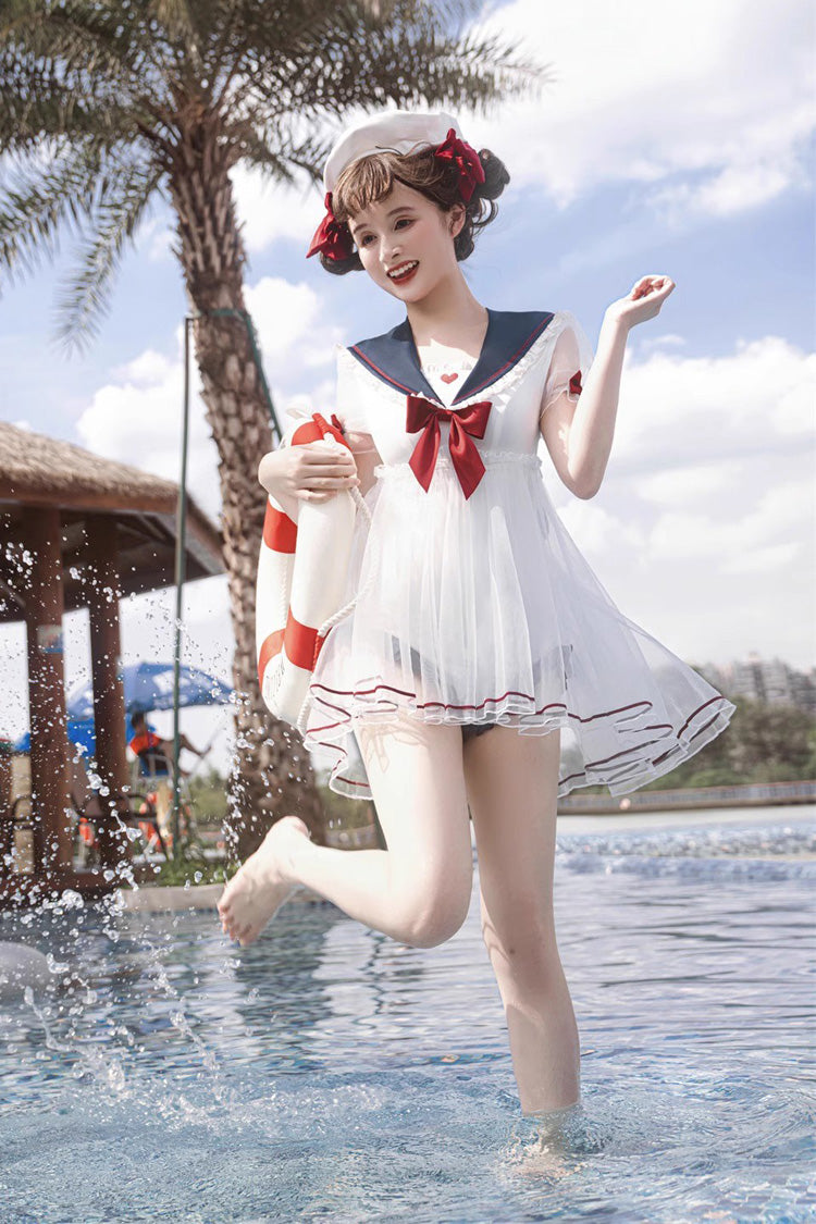 Gothic One-Piece Swimsuit - White/blue/red, 3 Colors, Sweet Style, Bow Detail - additional product view 4