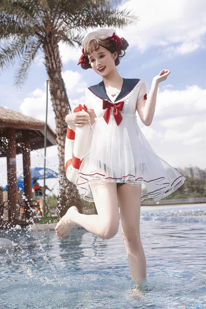 Gothic One-Piece Swimsuit - White/blue/red, 3 Colors, Sweet Style, Bow Detail - additional product view 4