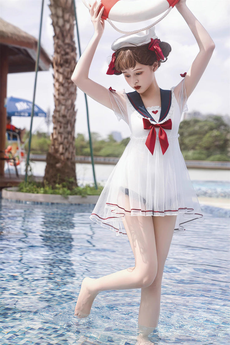 Gothic One-Piece Swimsuit - White/blue/red, 3 Colors, Sweet Style, Bow Detail - additional product view 5
