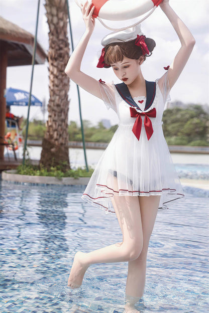 Gothic One-Piece Swimsuit - White/blue/red, 3 Colors, Sweet Style, Bow Detail - additional product view 5