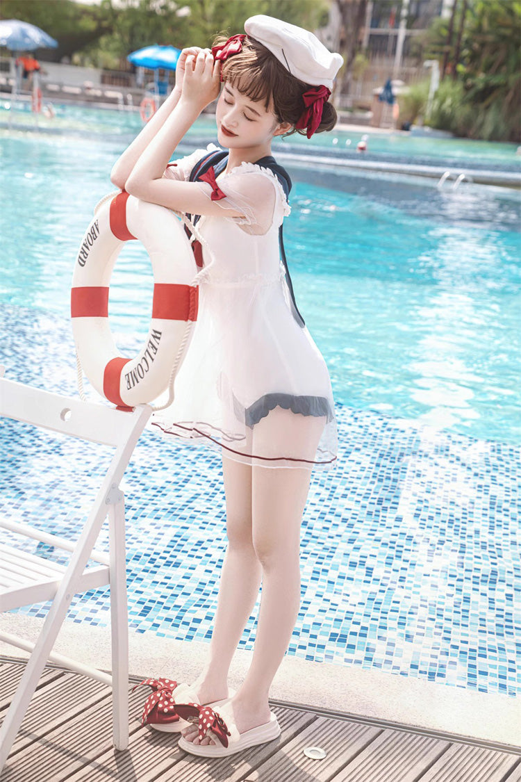 Gothic One-Piece Swimsuit - White/blue/red, 3 Colors, Sweet Style, Bow Detail - additional product view 6
