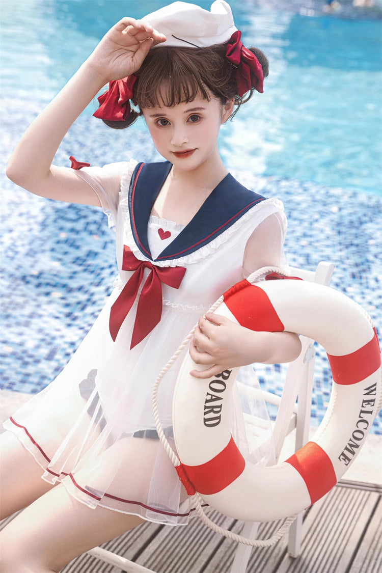 Gothic One-Piece Swimsuit - White/blue/red, 3 Colors, Sweet Style, Bow Detail - additional product view 7