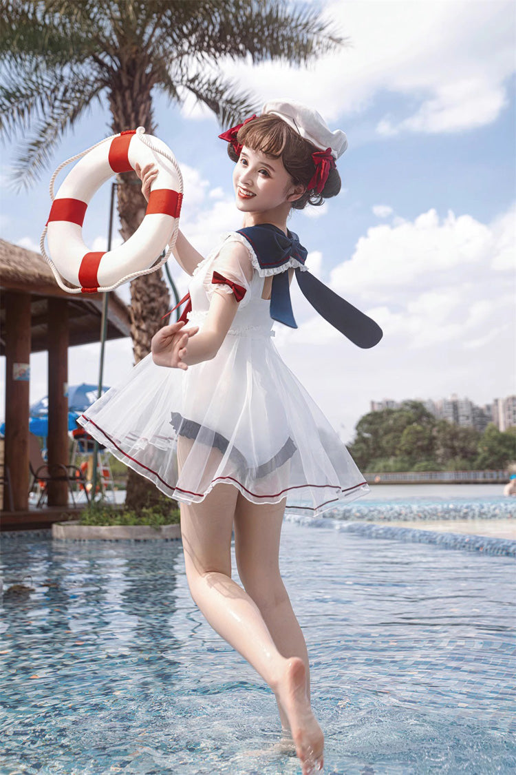 Gothic One-Piece Swimsuit - White/blue/red, 3 Colors, Sweet Style, Bow Detail - additional product view 8