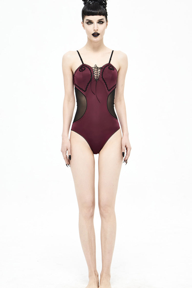 Gothic One-Piece Swimsuit - Wine Splice Mesh Lace-up Chest, Red, Women's Style, Lace Trim - additional product view 4