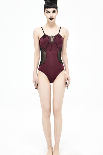 Gothic One-Piece Swimsuit - Wine Splice Mesh Lace-up Chest, Red, Women's Style, Lace Trim - additional product view 4