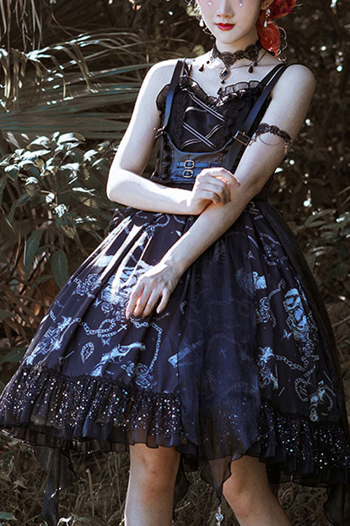 Gothic Outfit Set - Dark Blue Vampire Diaries Theme, Blue, Ruffled, Bow Detail - main product image