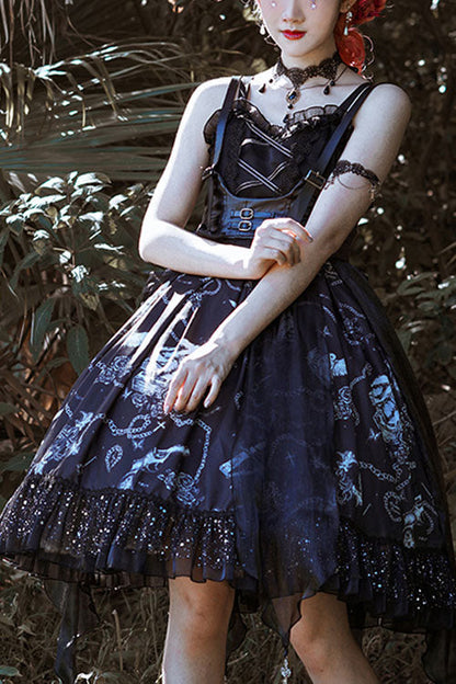 Gothic Outfit Set - Dark Blue Vampire Diaries Theme, Blue, Ruffled, Bow Detail - main product image