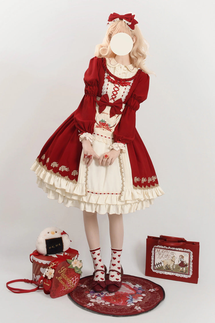 Gothic Outfit Set - Tochigi Girl Double-layered, Red, Sweet Style, Ruffled, Embroidered - additional product view 2