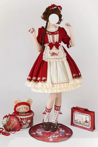 Gothic Outfit Set - Tochigi Girl Double-layered, Red, Sweet Style, Ruffled, Embroidered - additional product view 3